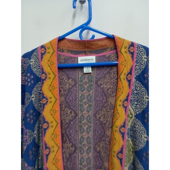Peck:&Peck Womens BOHO Cardigan Medium Blue Orange Paisley Open Colorful - Picture 2 of 9